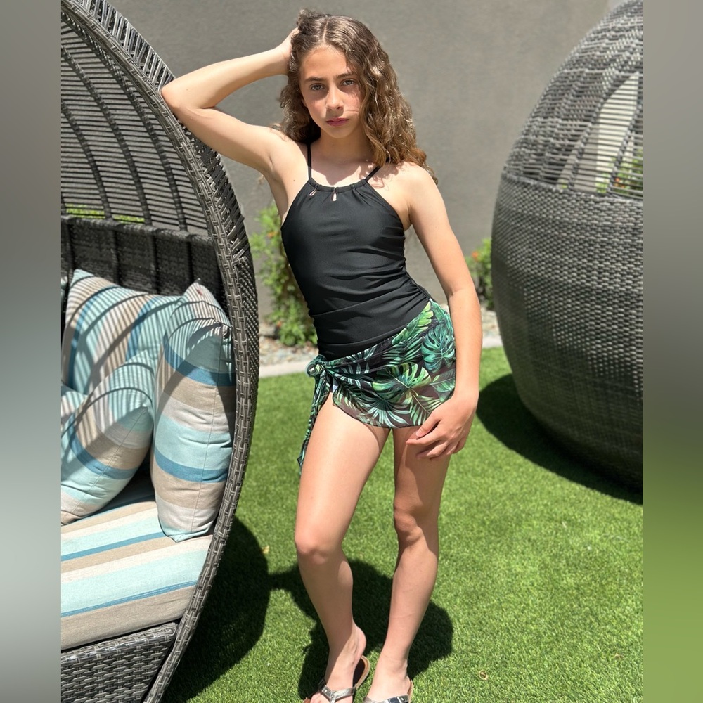 Black Halter Swimsuit with Green Leaf Skirt